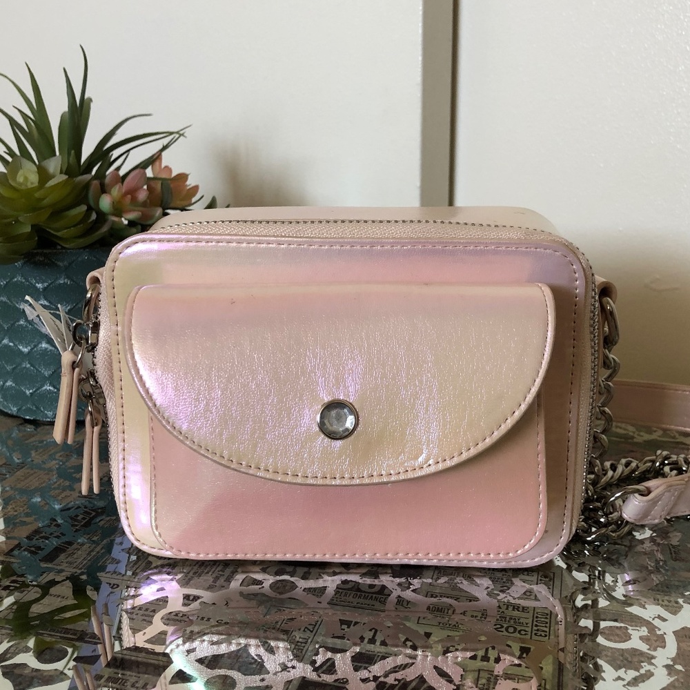 Madden Girl Pink Iridescent Mini Camera Crossbody Bag